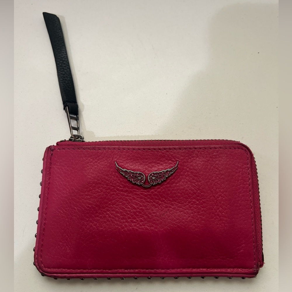 Zadig & Voltaire Pink Grained Leather ZV Card Holder Zip Wallet RARE COLOR